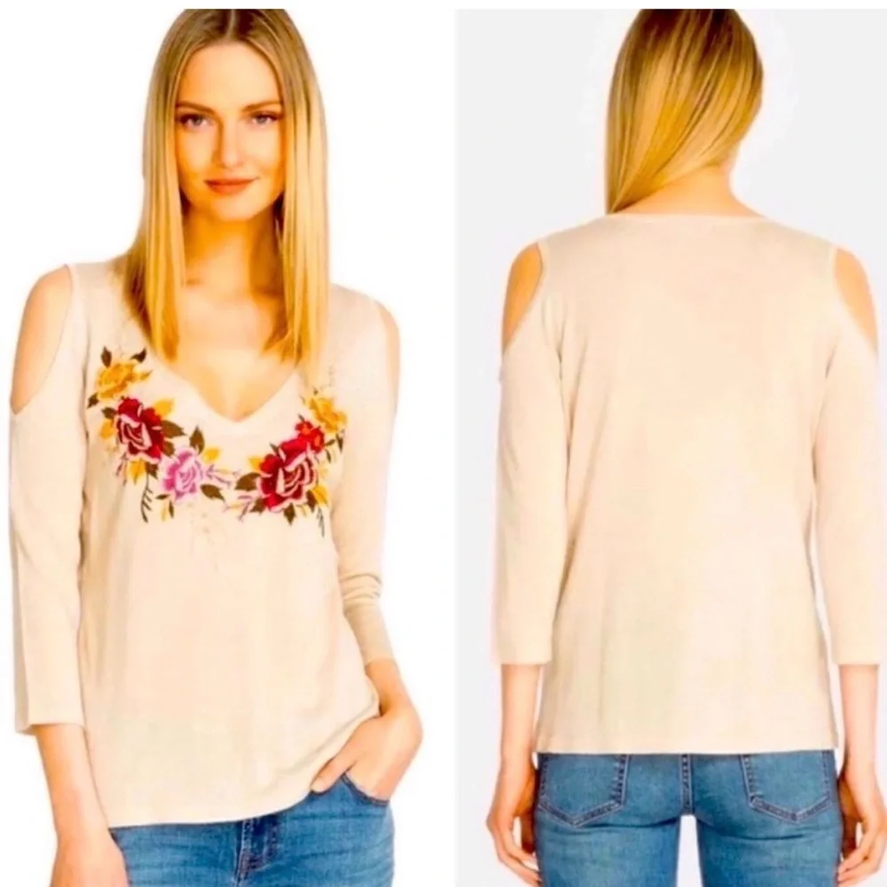 Johnny Was Embroidered Cold Shoulder Knot Top. - Picture 1 of 6